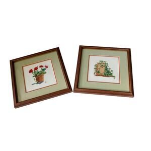 VTG 2 Framed Floral Cross Stitch Art 70s Retro Wall Hanging Cottagecore Farmcore